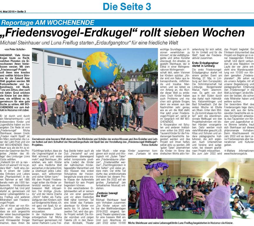 Presseartikel "Friedensvogel-Erdaufgangtour" in Hadamar