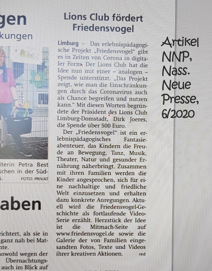 Presseartikel "Lions Club fördert Friedensvogel", Nass Neue Presse, 2020