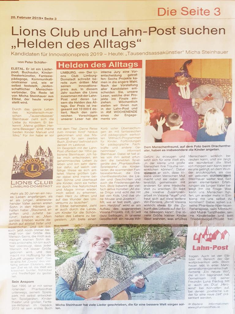 Presseartikel über Micha Steinhauer, Held des Alltags, Lahn Post