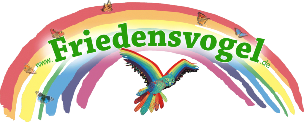 Logo des Friedensvogel unter Schmetterling-Regenbogen mit Schriftzug 'www.Friedensvogel.de'