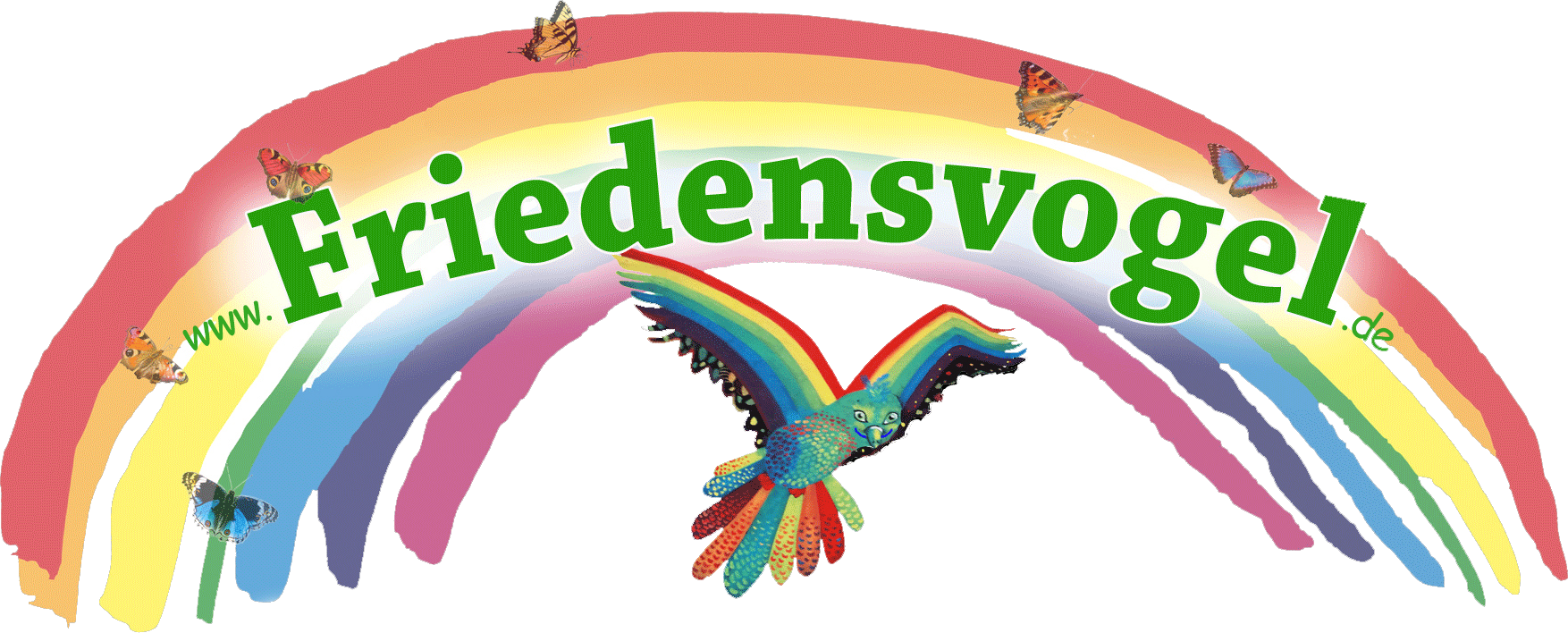 Logo des Friedensvogel unter Schmetterling-Regenbogen mit Schriftzug 'www.Friedensvogel.de'